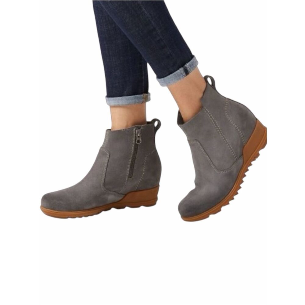 SOREL Evie Waterproof Suede Wedge Booties Gray Quarry Women’s 6.5 BNWOT